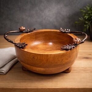 Vintage Wooden With Brass Handles Bowl Made In India 6”x3”